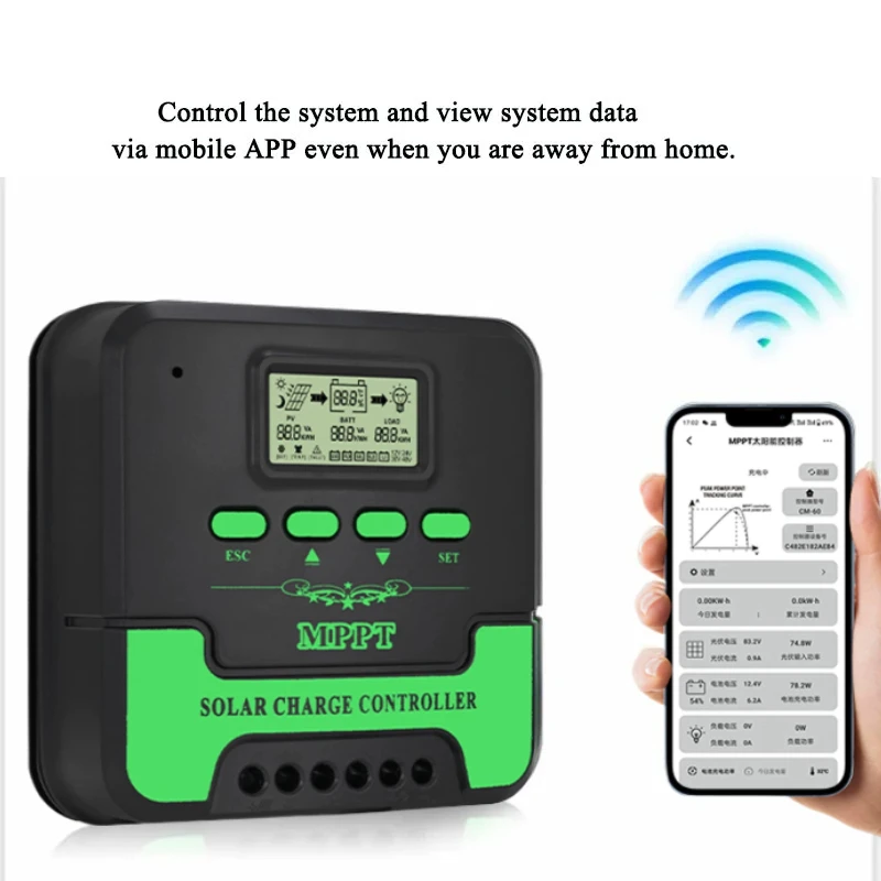 WiFi MPPT Solar Charge Controller 10A/20A/30A/40A/60A Dual USB LCD Display Solar Panel Regulator Solar PV Regulator 12V 24V Auto