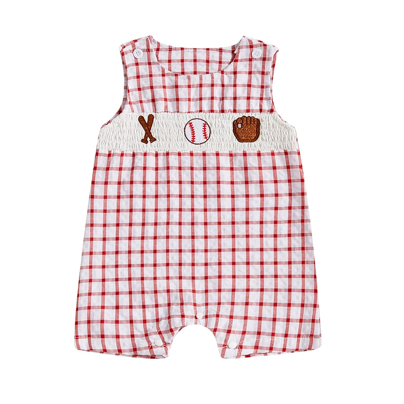 Newborn Baby Boy Girl Baseball Outfit Sleeveless Overalls Romper Smocked Baseball Bubble Summer Plaid Bodysuit