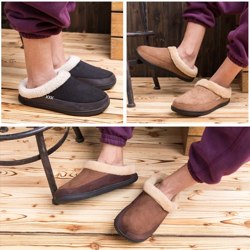 Men Winter Warm Fur Slippers House Non-Slip Soft Shoes Men Comfort Flat Heel Slides Home Indoor Bedroom Zapatillas Casa Mujer