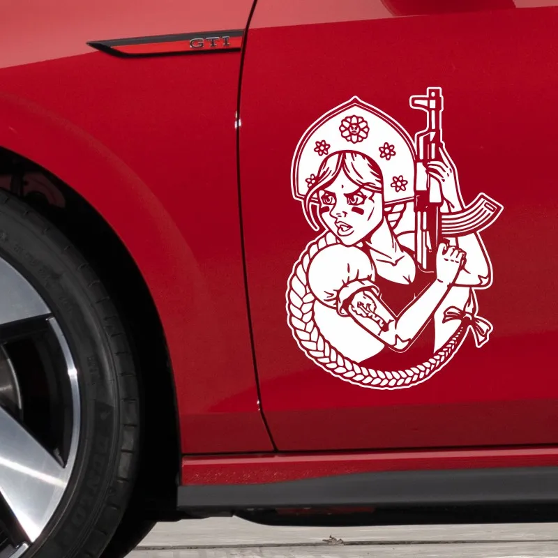 Funny Russian Girl with AK-47 Bumper Sticker Laptop Sticker on Clear Background #553