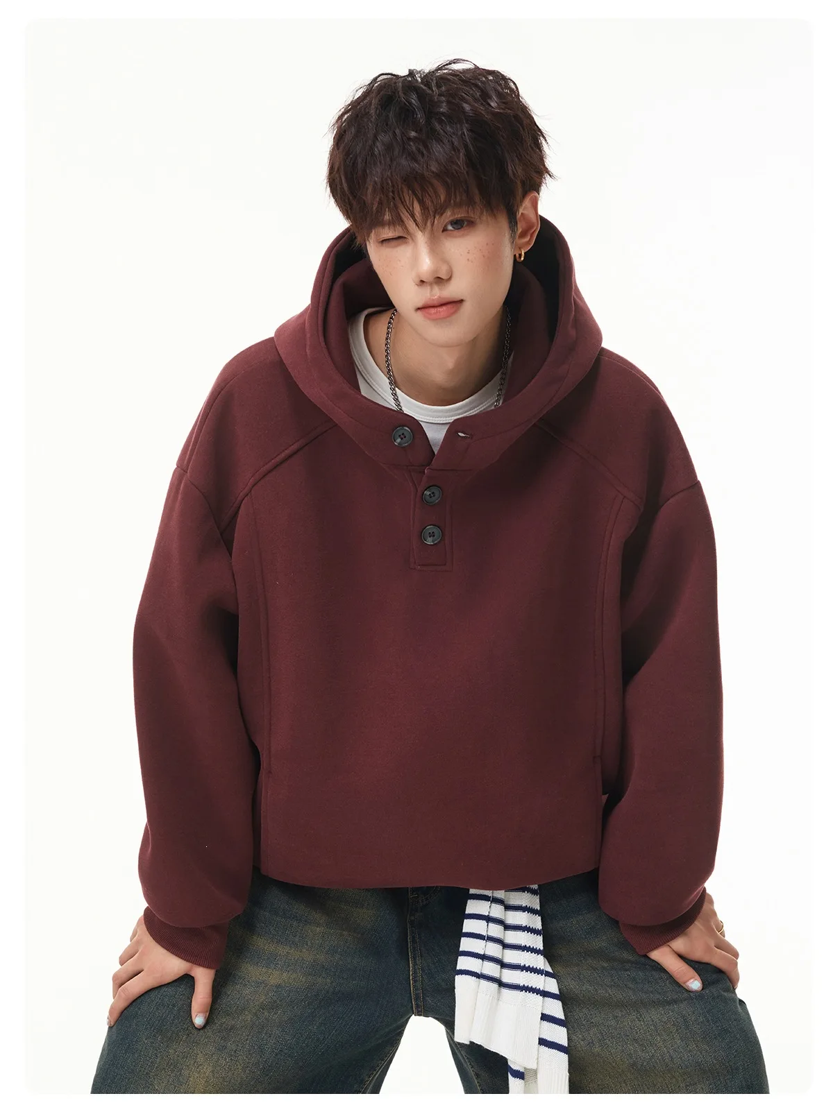 Autumn Winter New Button Half High Neck Hoodie for Men Korean Fashion Harajuku Simple Solid Men's Casual Loose Hooded Sweatshirt