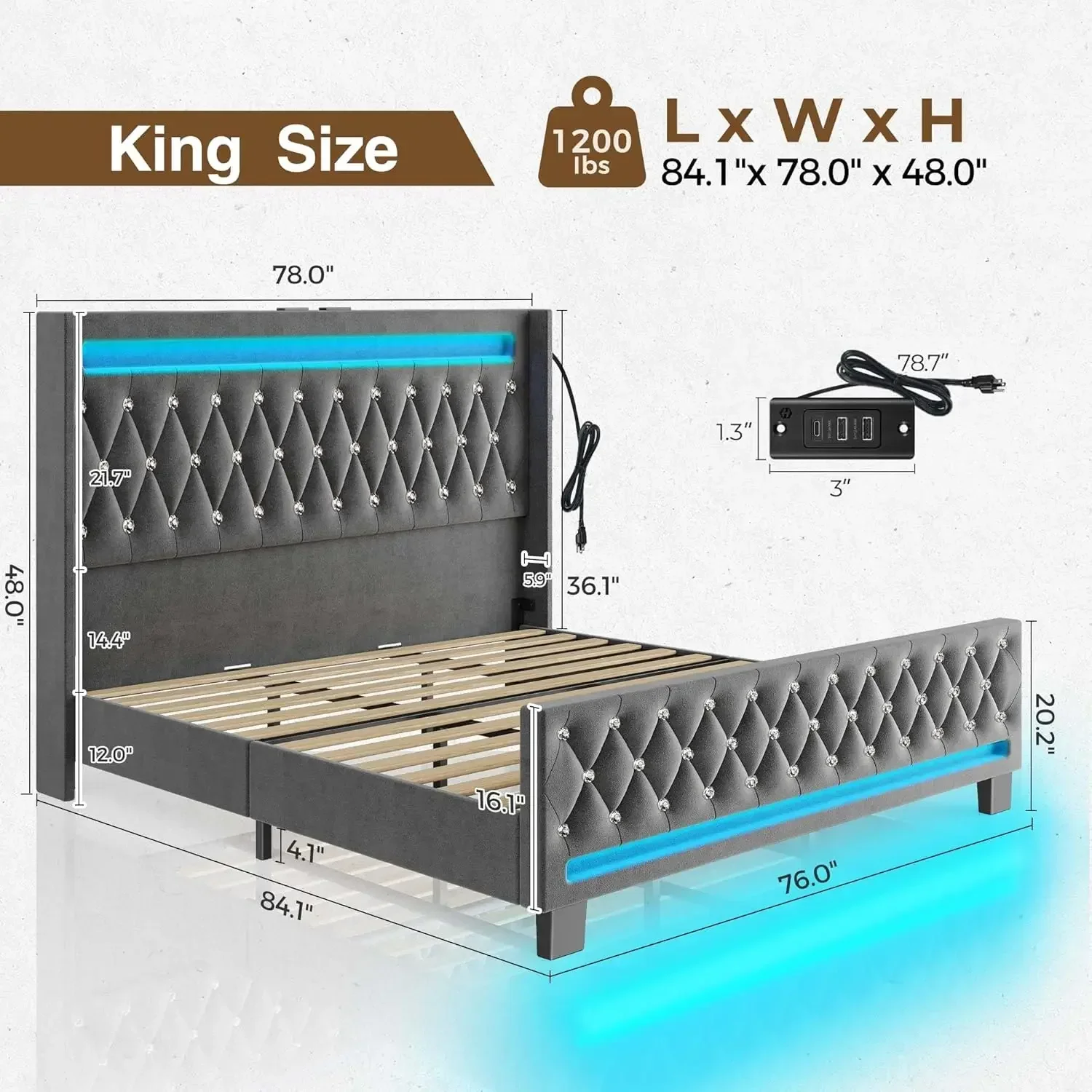 King Bed Frame with LED Light and Charging Station, Upholstered High Headboard and Footboard