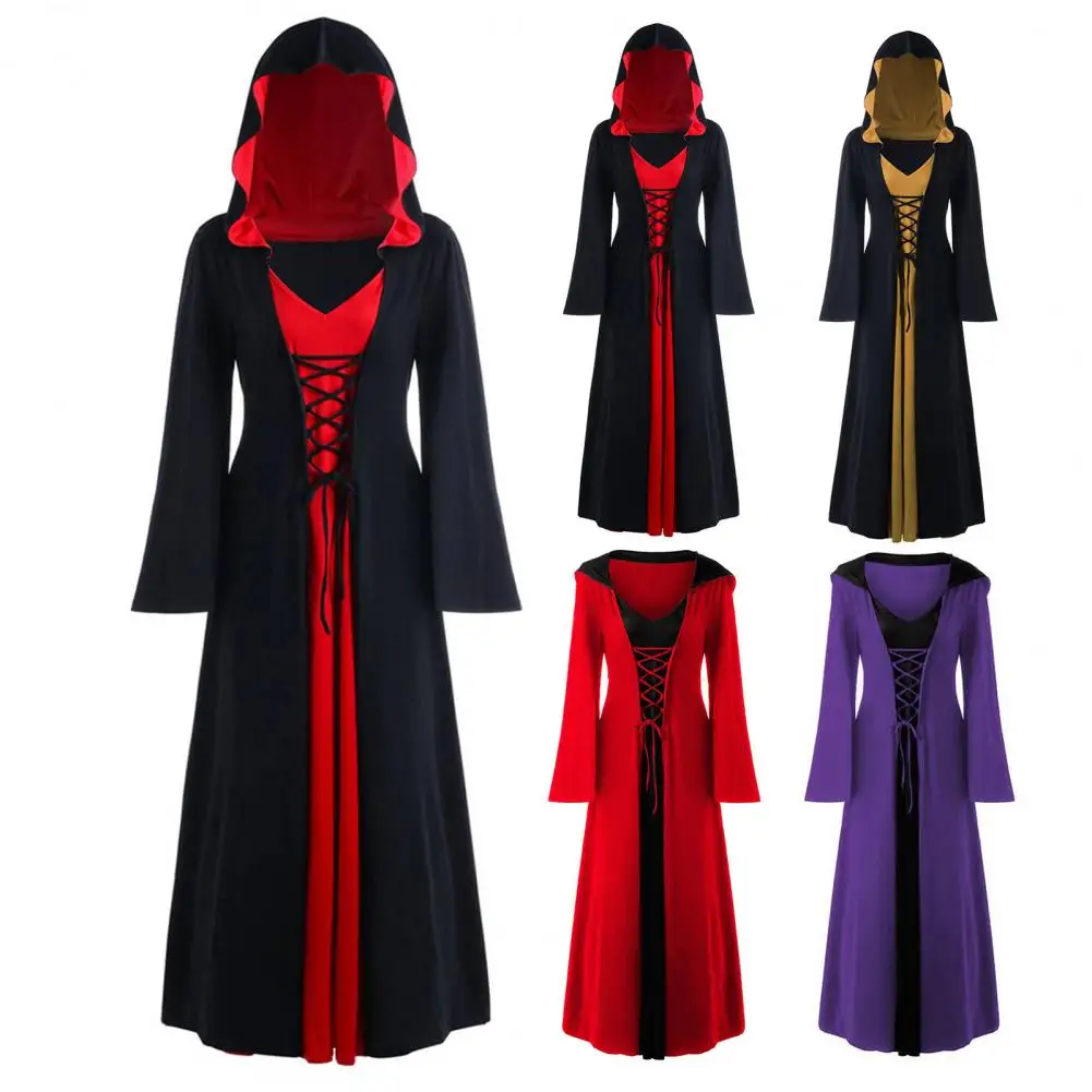 Fato de bruxa de Halloween feminino com capuz com cordões, mangas compridas com chifre, vestido cosplay, estilo escuro