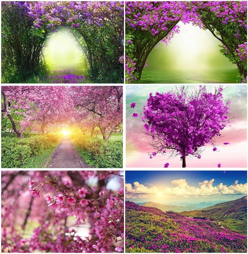 

Purple Pink Flowers Trees Spring Sunshine Backgrounds Photography Family Portrait Baby Shower Birthday Interior Decor Backdrops