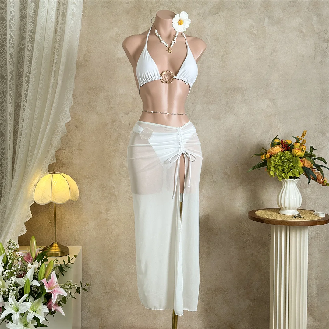 Mit Rock, Neckholder, Metallring, Bikini, Damen-Badeanzug, Damen-Bademode, dreiteiliges Bikini-Set, gepolsterter Badeanzug, Badebekleidung, Schwimmanzug V7812 – Detail 8
