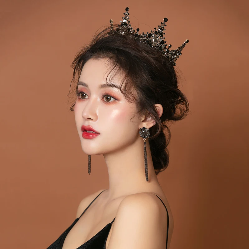 Baroque Vintage Retro Black Tiaras Crowns Rhinestone Tiara Luxury Bridal Crystal Princess Queen Diadem Wedding Hair Accessories