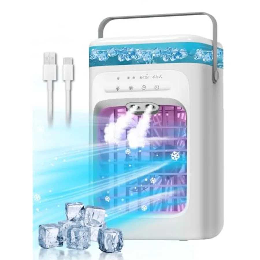 

Portable Air Conditioner Evaporative Mini Portable AC Unit with 3 Speeds and 2 Mist 120° Oscillating 7 Color Lights 2-4H Timer