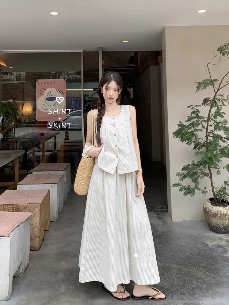 한국어 줄무늬 겉옷 탑 하이 웨이스트 엉덩이 커버 스커트 여성 롱 드레스 여름 유행 2 피스 세트 트렌디 시크 