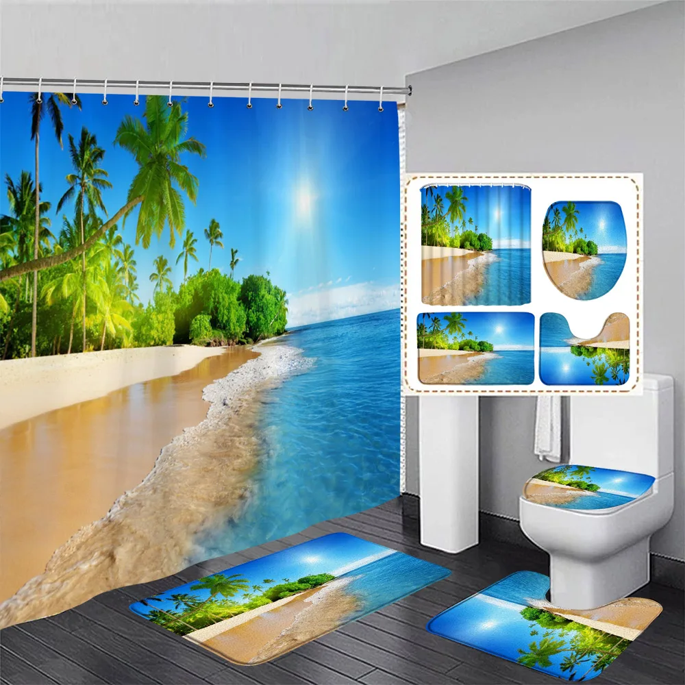 Ocean Landscape Shower Curtain Set Palm Leaves Starfish Conch Sea Wave Beach Bathroom Decor Non-Slip Rug Bath Mats Toilet Cover