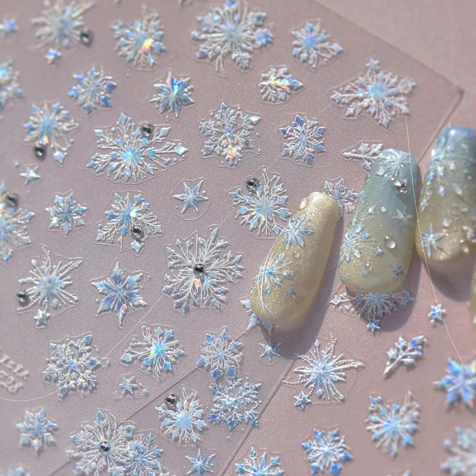 Blue White Snowflakes Shiny Rhinestones Winter Christmas Tree Hot Stamping Sparkle Snow Dreamy Nail Art Stickers Manicure Decals