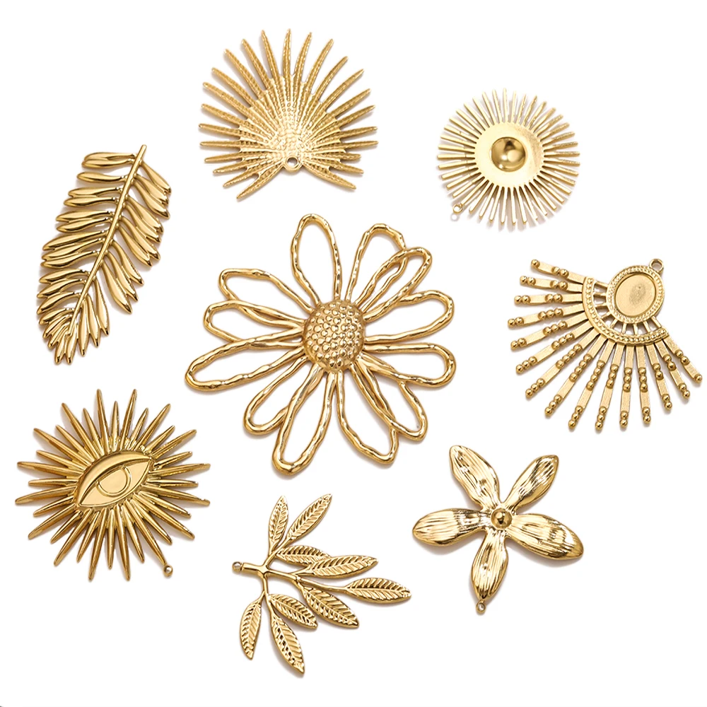 5pcs Stainless Steel Flower Charms Oval Bezel Frame Fan Shape Pendant Bases for DIY Leaf Jewelry Making Necklace Earrings view 2