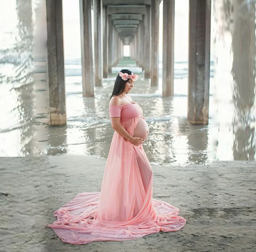 Maternity's Dresses for Photo Shoot Shoulder Less Solid  Photography Props Pregnancy Maxi Simple Dress view 5