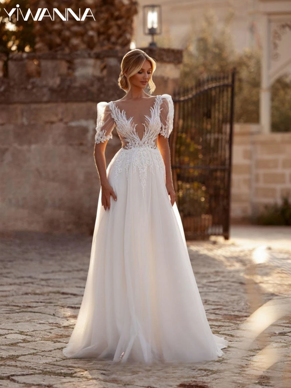 Vestido de novia romántico con mangas abullonadas, apliques de encaje con cuentas brillantes, vestido de novia personalizado, corte en A, vestidos largos de tul para novia