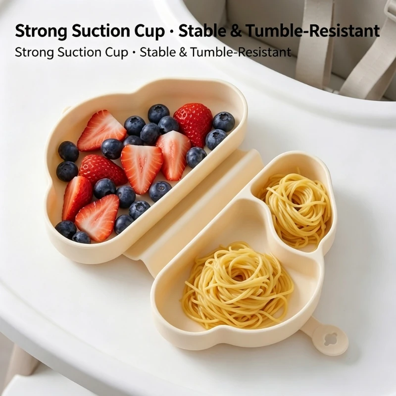 Silicone Baby Feeding Plate with Suction Base for Smooth Tables, 3 Separate Compartments and Foldable Design