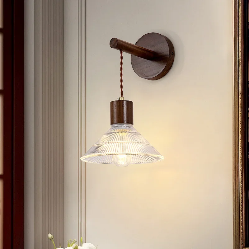 Medieval bedroom bedside wall lamp Nanyang style American retro walnut bedroom glass cable creative personalized lamp