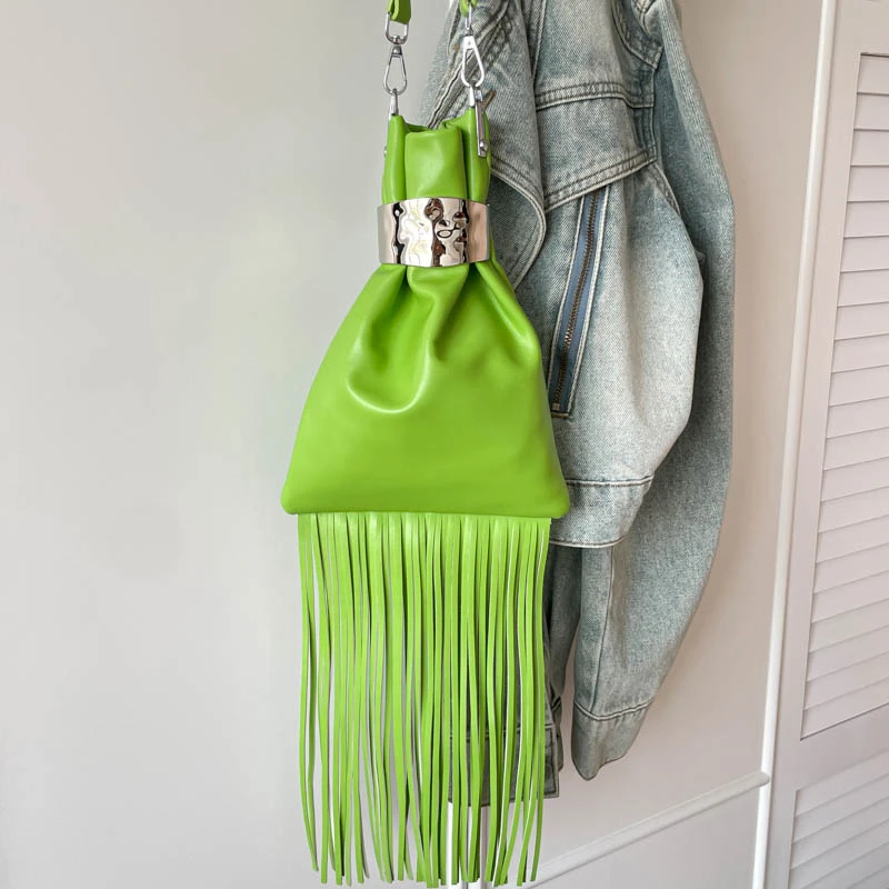 Boho Long Tassel Mini Crossbody Bag Women Vintage Metal Buckle Drawstring Leather Shoulder Purse Party Evening Handbag