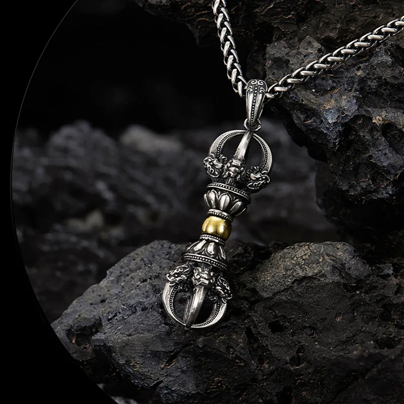 Vintage Buddhist Dharma Vessel Exorcism Vajra Pendant Necklace for Men Necklace Religious Amulet Accessory Gift