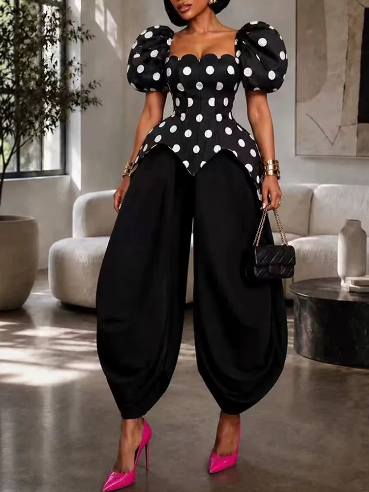 Elegant Square Neck High Waist Slim Outfit Unique Irregular Top+Pants 2pc Set Retro Polka Dot Bubble Sleeve Office Commuter Suit