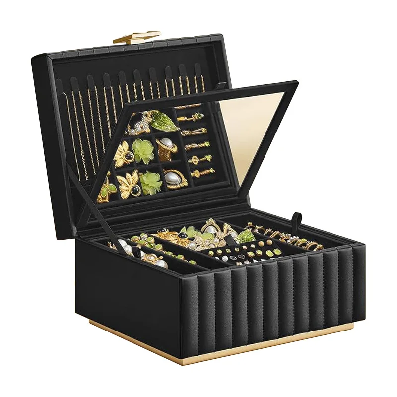 Luxurious Two Level Jewelry Storage Case Unique Two Layer Jewelry Box with Mirror and Removable Compartments for Women