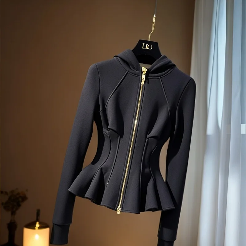 Black hooded sweater 2025 spring senior feeling super good-looking, unique and beautiful waist short jacket