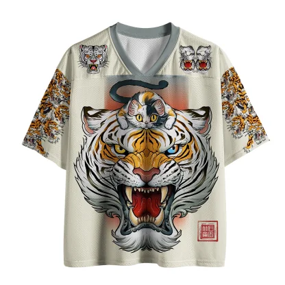 V Neck Mesh Short Sleeve Jersey, Japanese Tattoo Style White Tiger With Kitten Graphic Loose Tee, Street Fashion  Sport Top