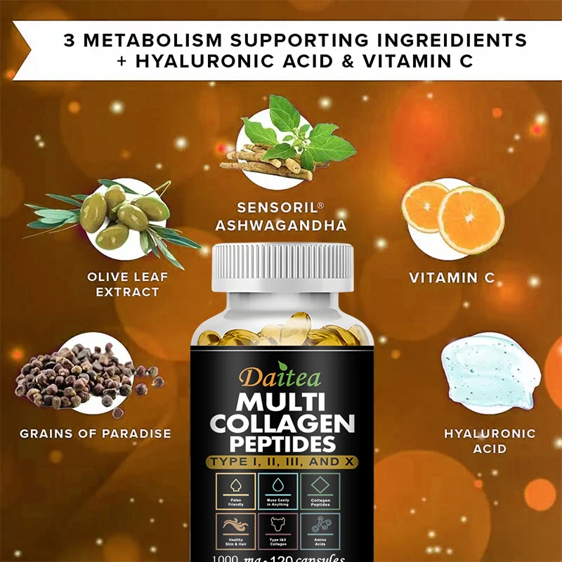 Multiple Collagen Peptide Supplements - ΤYPE I, II, III and X - Strengthens Hair, Nails, Skin, Joints, and Burns Fat