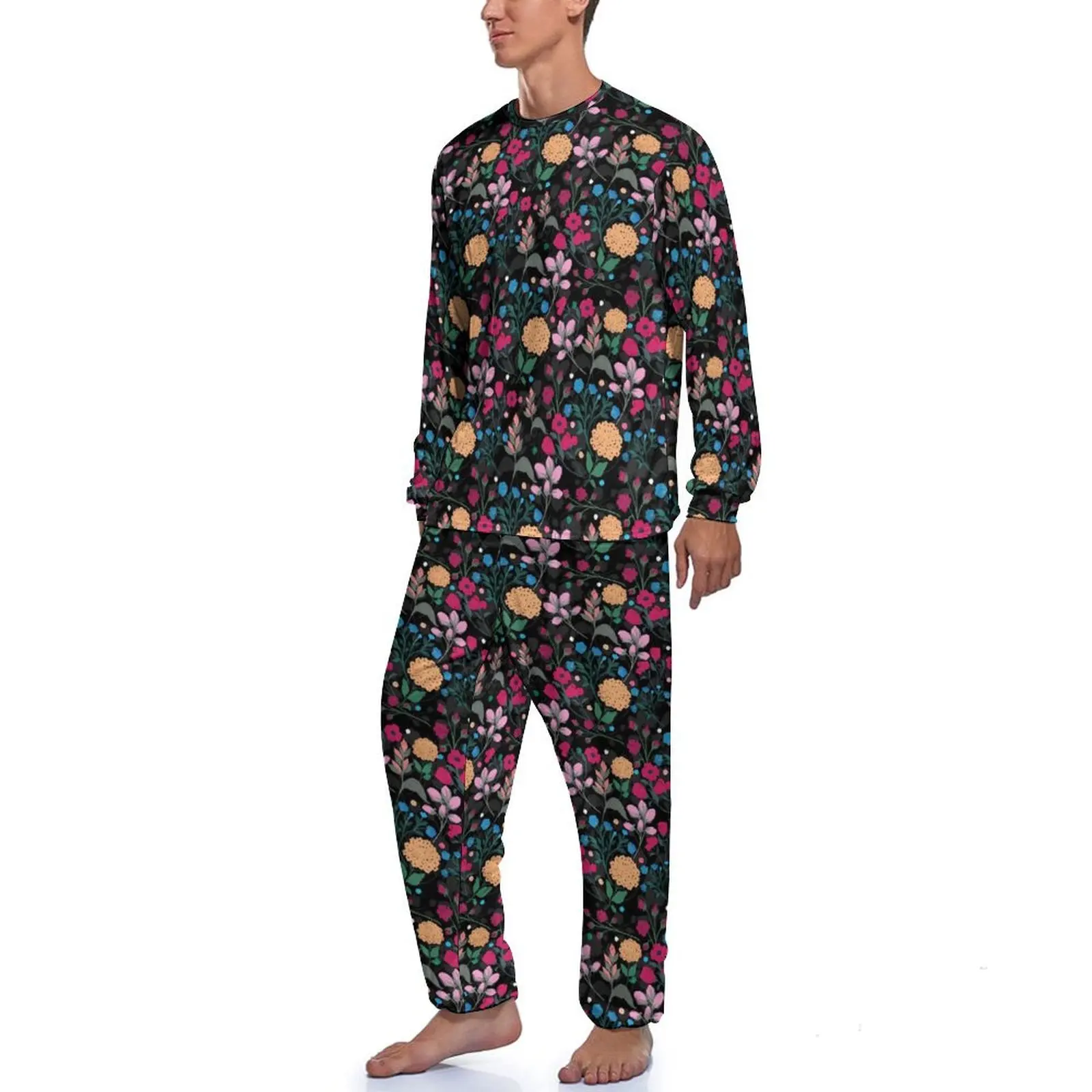 Ditsy Floral Pajamas Man Pink Yellow Lovely Sleepwear Spring Long Sleeve 2 Piece Night Graphic Pajama Sets