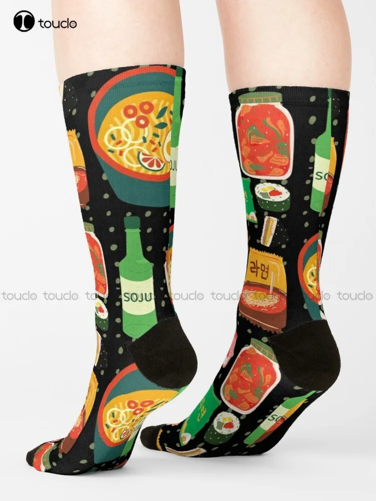 Korean Food Goodness Soju Kimchi Kimbap Strawberry Milk Cute Funny Kawaii Graphic Cartoony Design For Apparel Accessories Socks