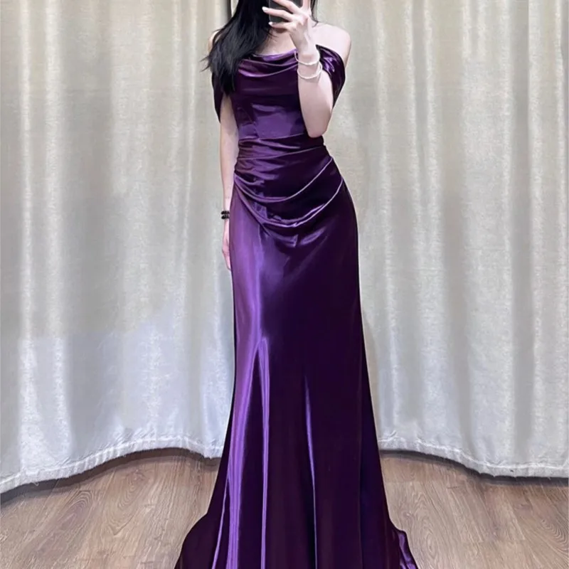 

Purple morning gown toasting wear chest wipe shoulder light luxury small dress