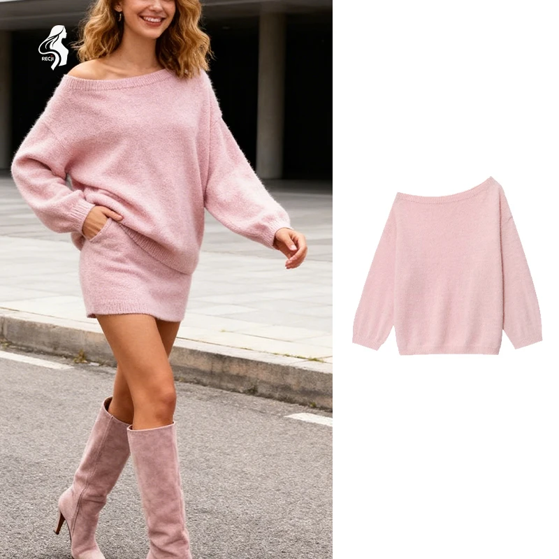 

French Gentle Style Knit Womens Off The Shoulder High Slack Loose Lazy Knit Suitable For Dates And Parties Trafizaran