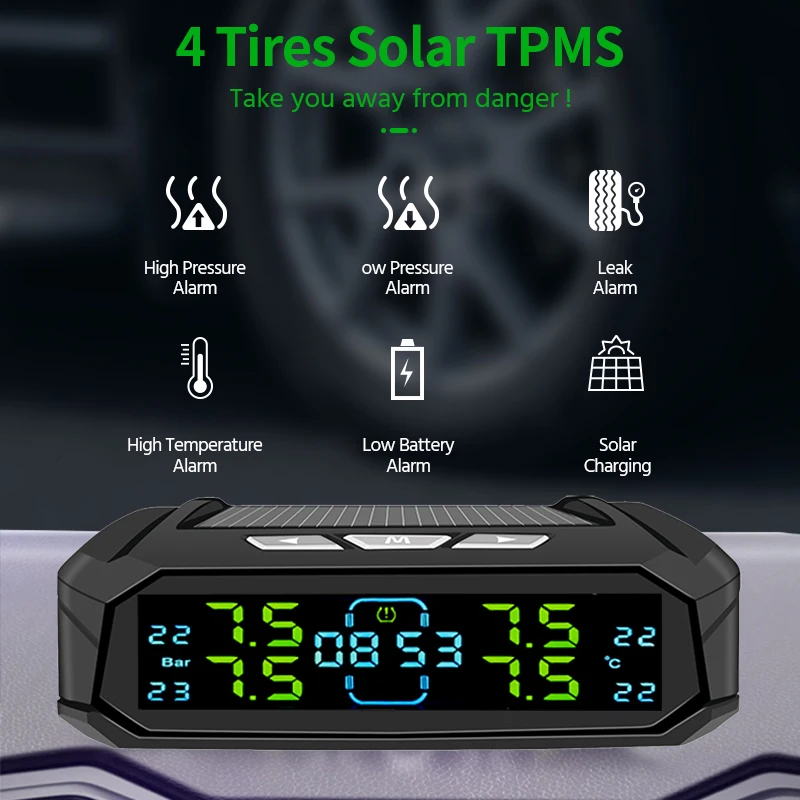 E-ACE 8 Bar TPMS Solar Car Tire  Pressure Sensors Power Touch Screen Buttons Pressure Monitor Alarm System Automotive Tools ﻿