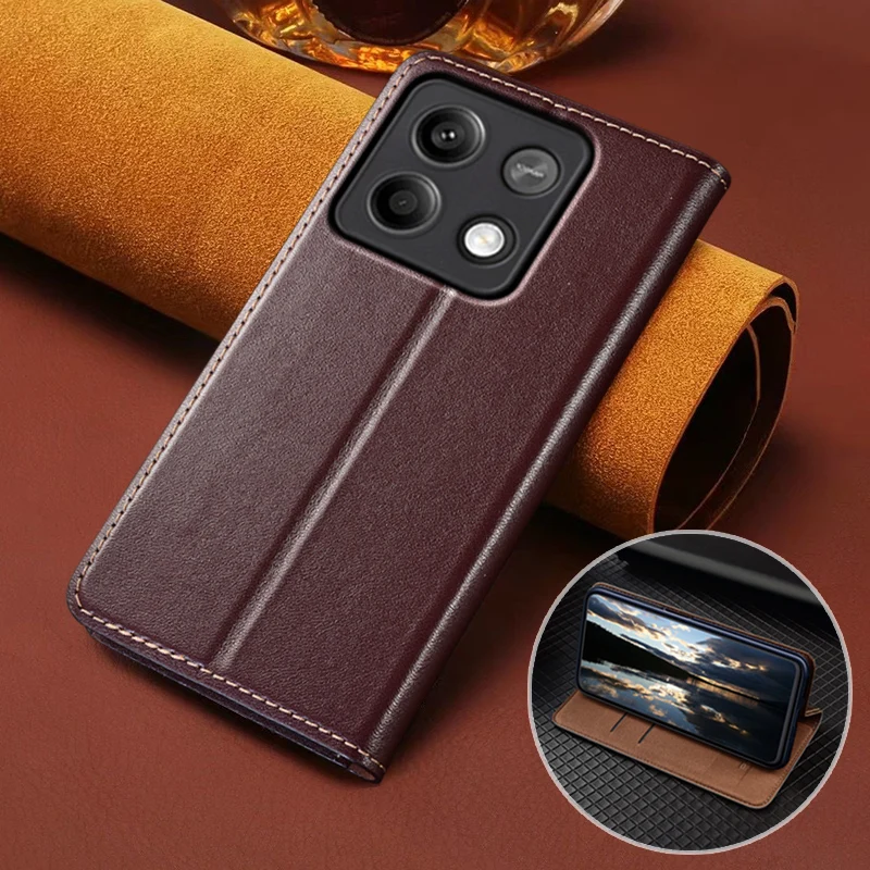 For XIAOMI POCO X6 X5 Pro X6Pro 5G Flip Case Napa Texture Magnetic Cover Luxury Cowhide Genuine Leather Card Pocket Wallet Cases