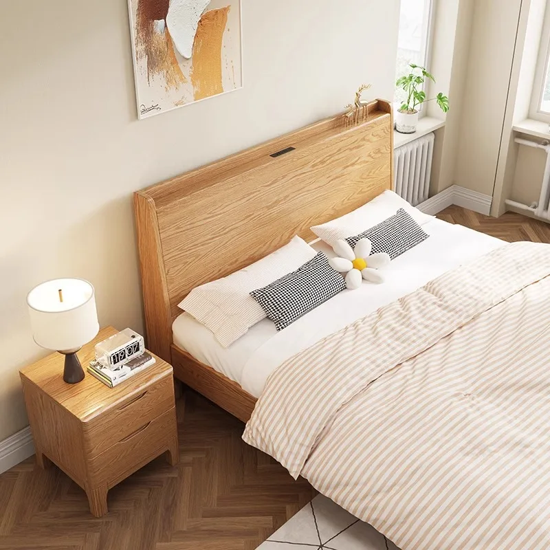 Modern Solid Wood Bedroom Double Queen Platform Bed with Storage Adult Wooden Double Layer Set