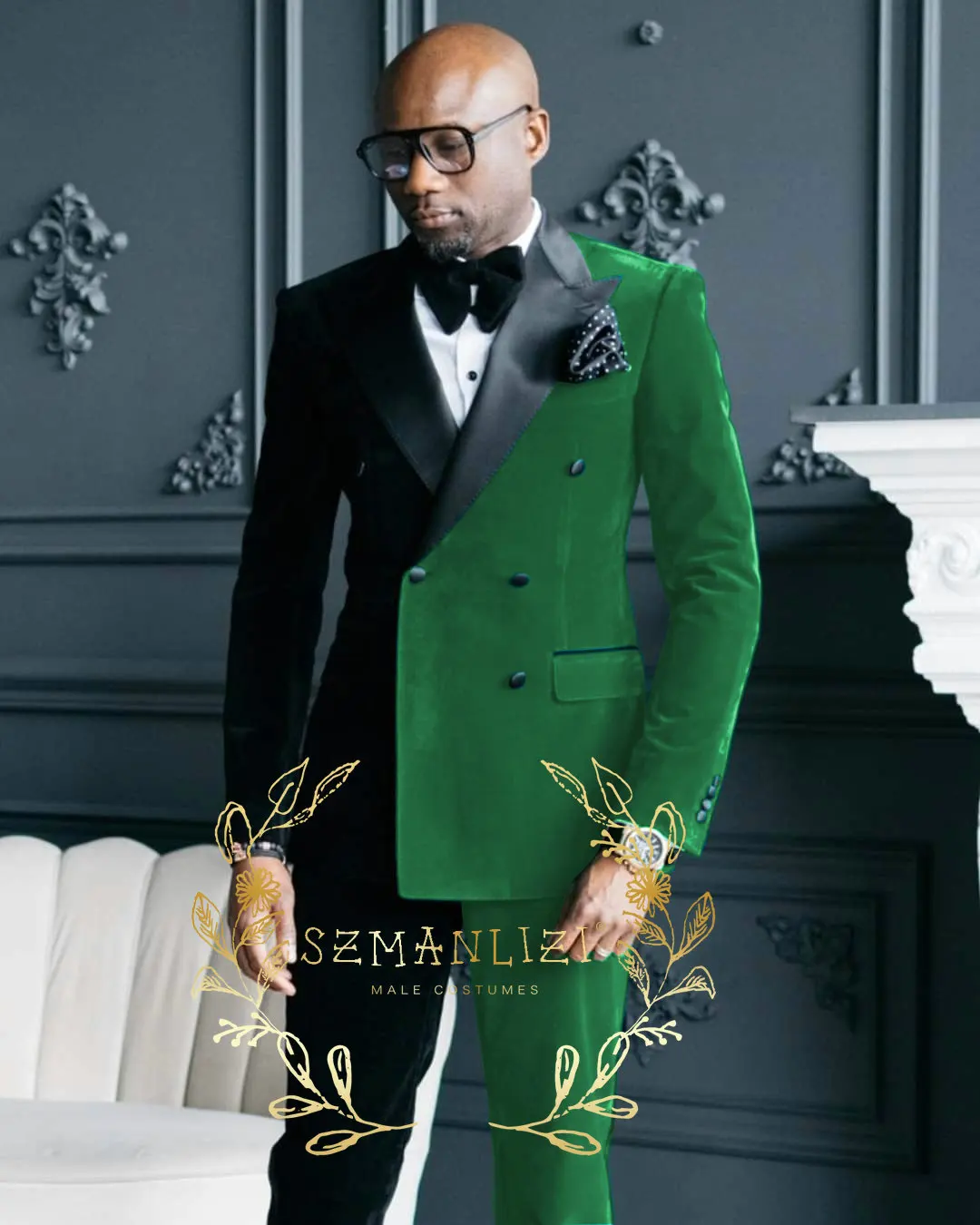 Black Green Velvet Mens Suits Double Breasted Costume Mariage Homme Wedding Tuxedos Groom Suits For Men Tuxedo (Jacket+Pants)