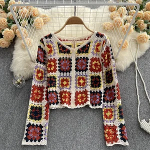 Indie -Folk -Strickjacken für Frauen outone Häkelblüten -Ausströme Langarm mit V -Neckline Single Blusen Strickjacke Frau 9 Hauptverkaufsblusen Volk - №4