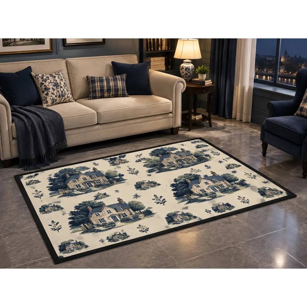 VIKAMA British Navy Cream Countryside Flannel Door Mat, Anti-Slip Washable Floor Mat, UK Home Decor for Hallway, Front Door