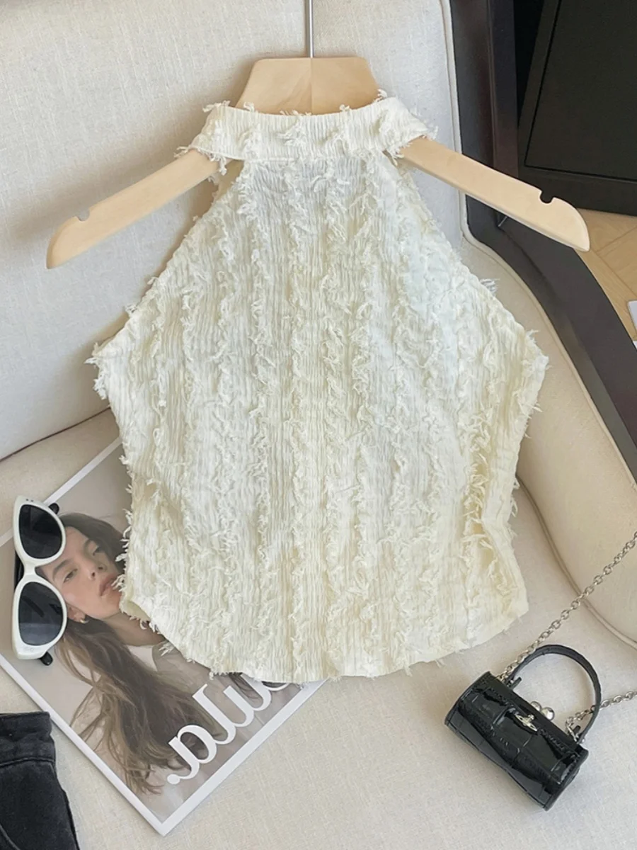 Ele Frangé rayé Ne suspendu Svel haut femmes été en plein air simple bouton sangle gilet français Sle ort longueur