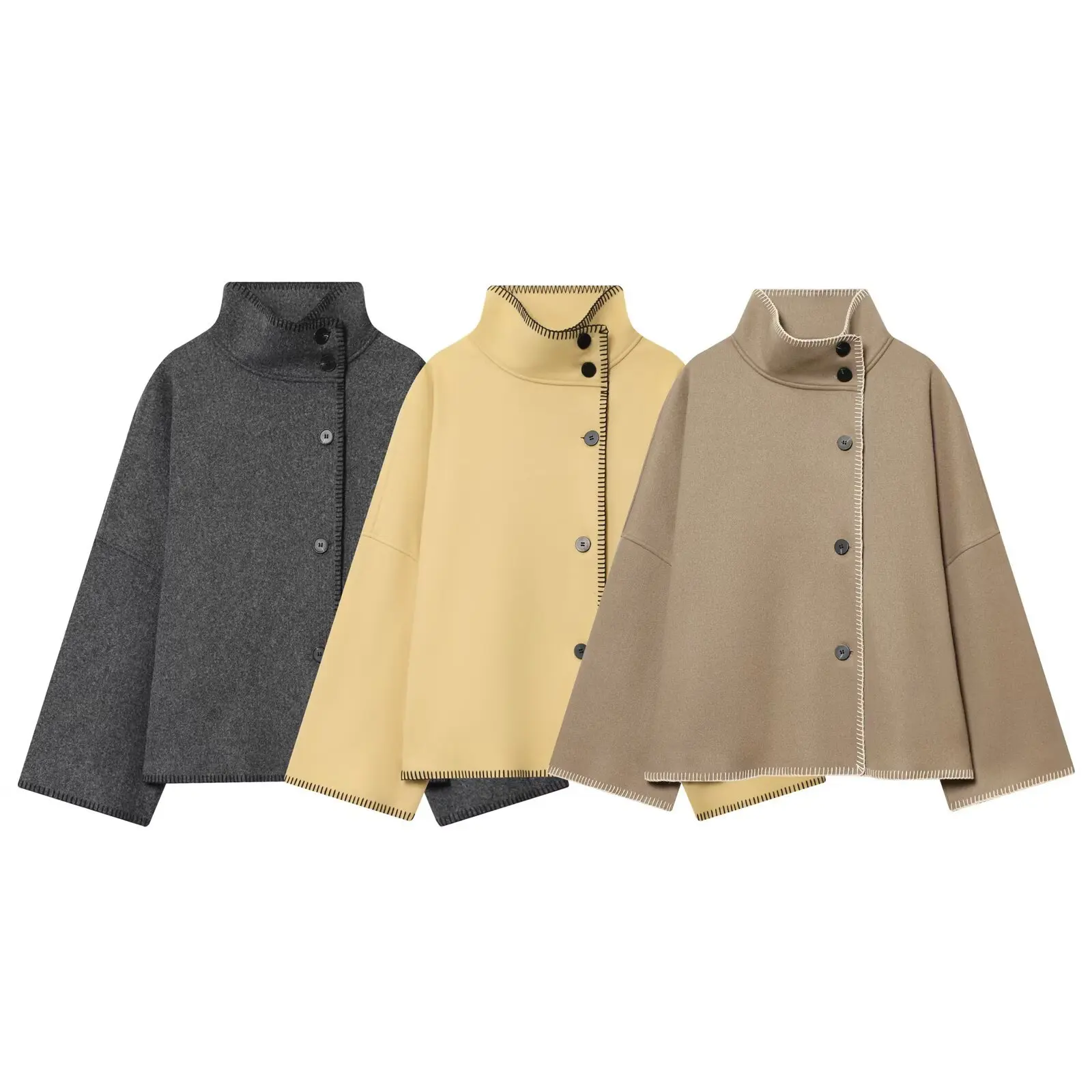 Chaqueta de mujer de estilo minimalista y retro, de la marca Maxdutti, para el sur de Francia. Prenda de vestir femenina, con cuello alto, corte clásico y mangas largas.