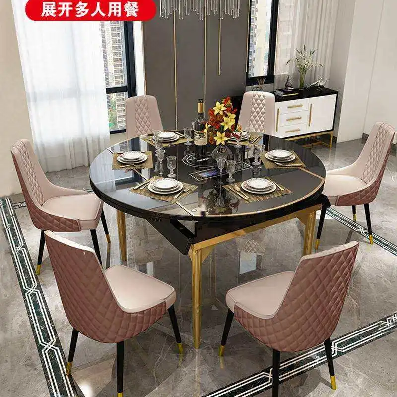 Multifunctional dining table folding telescopic round dining table simple set induction cooker