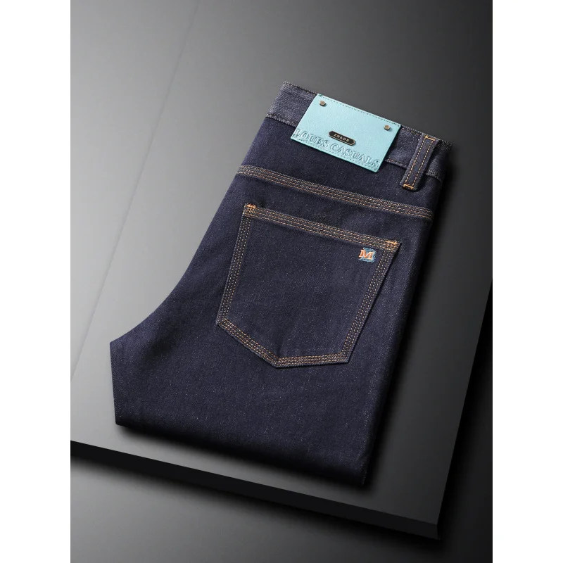 

Осенне-зимние толстые темно-синие джинсы, мужская модная тенденция, простые, эластичные, маленькие деловые брюки прямого кроя