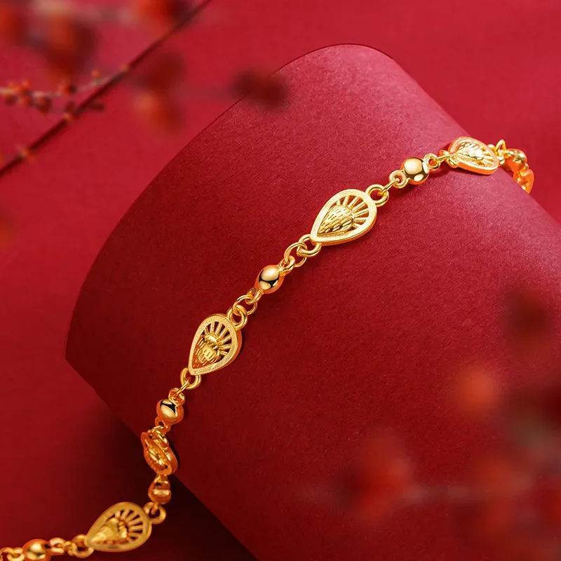 9999 Real Gold 24K Small Fresh Bracelet Female Korean Version Simple and Sweet Mori Girlfriend Water Drop Strawberry Bracelet