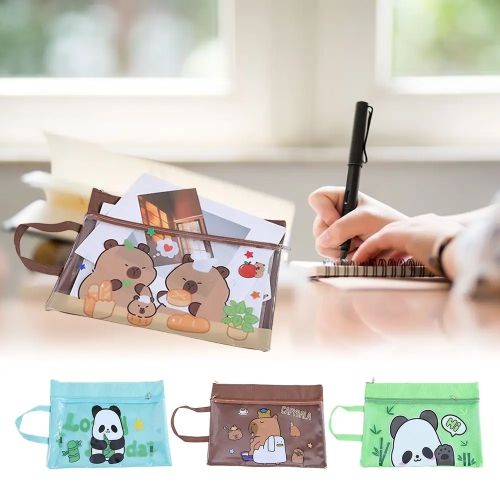 New Capybara File Bag Double Layer Hand-held Zipper Bag Large Capacity Panda Homework Storage Bag