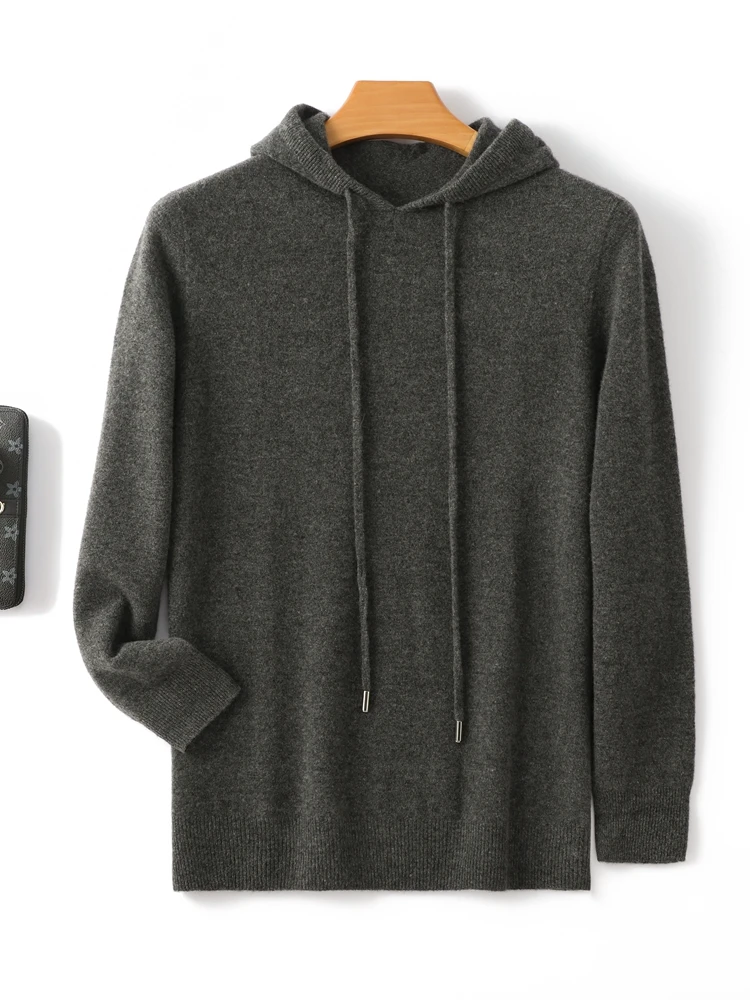 Spring Autumn Men\'s Sweater Pullovers Hooded Cashmere 100% Merino Wool Knitwear Casual Long Sleeve Jumpers Male Clothes Tops New