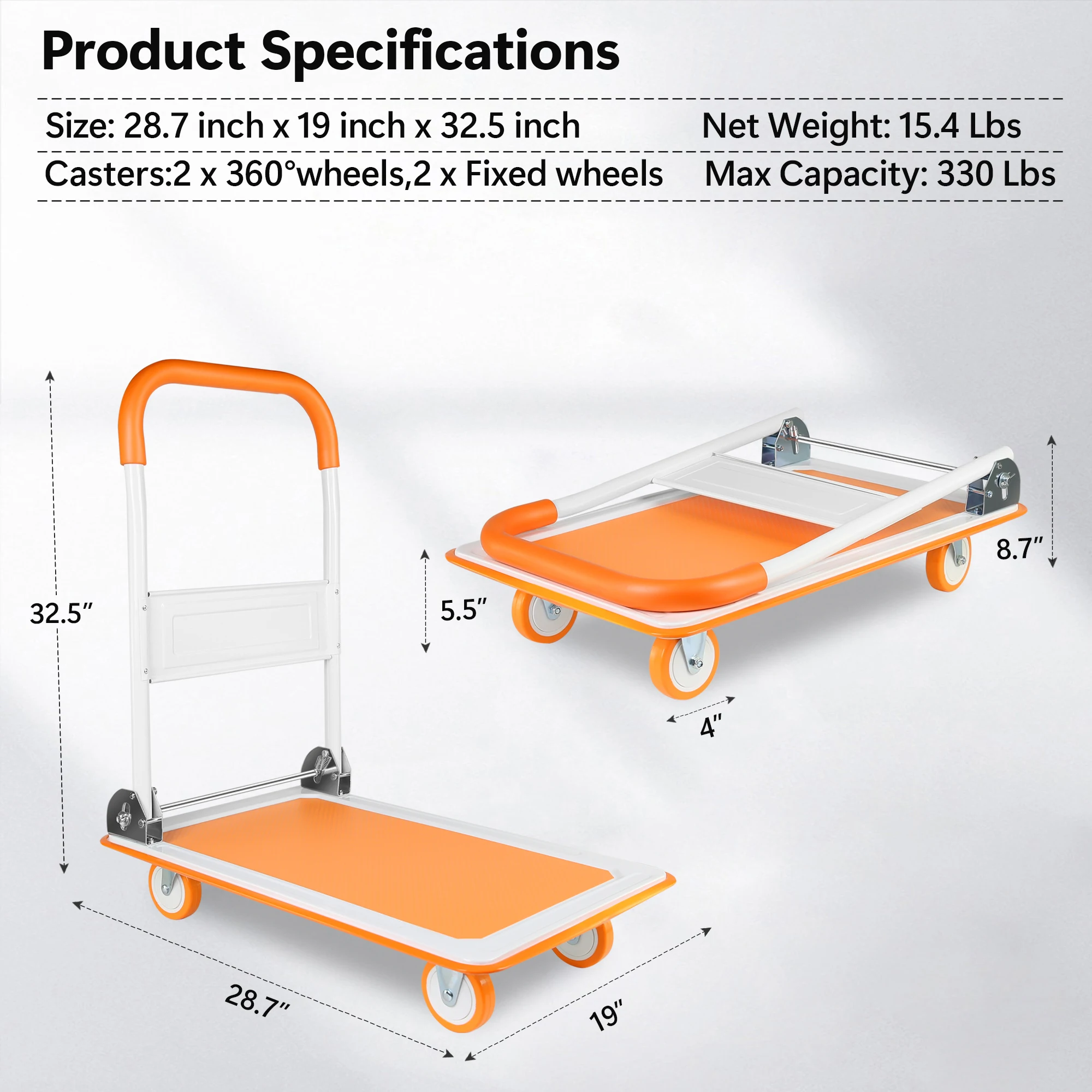 Foldable Push Cart Dolly - 660 Lb. Capacity Heavy Duty Moving Platform Hand Truck - Folding & Rolling Flatbed Carts