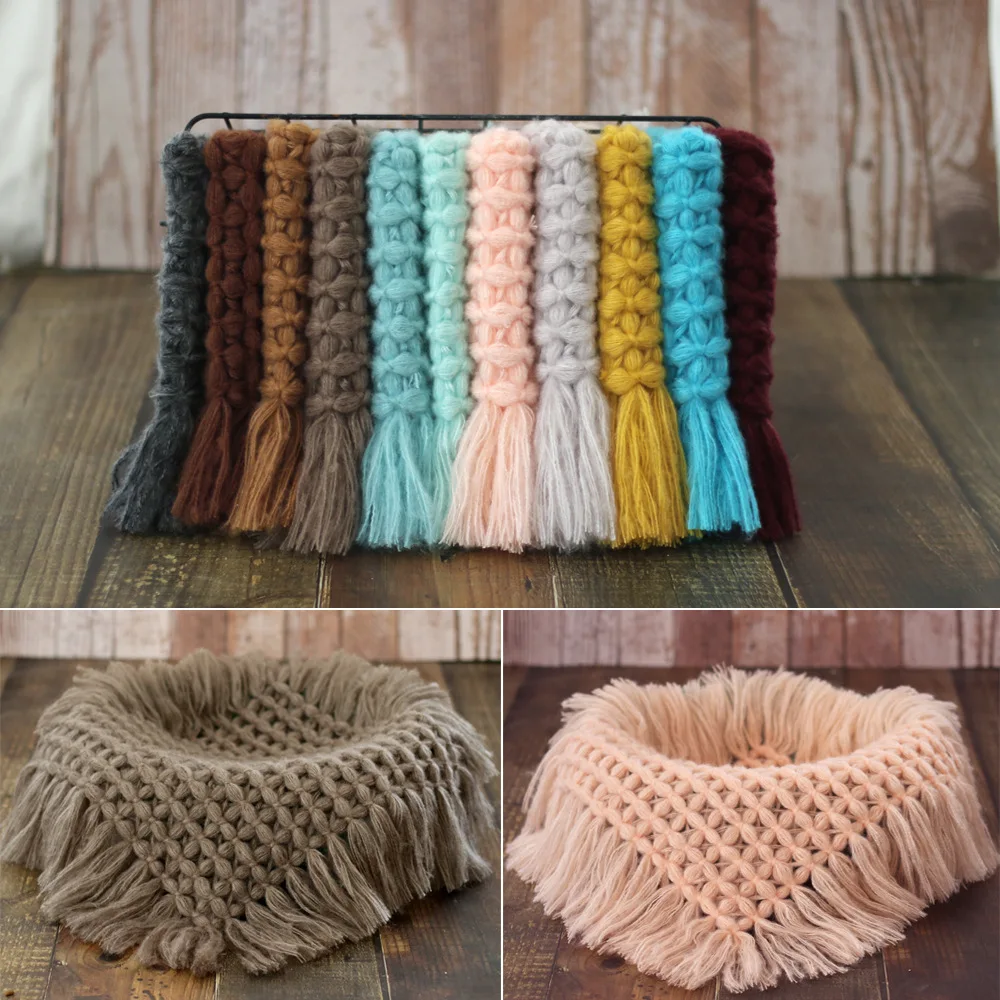 Newborn Photography Accessories 50X50 Retro Knitted Backdrop Tassel Mat for Studio Photoshoot Photo Blanket for Decoration