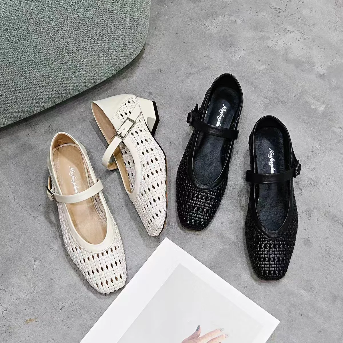 Women Woven Knit Mary Jane Shoes Breathable Openwork Buckle Strap Low Heel Ladies Vintage Retro Summer Casual Flat Shoes