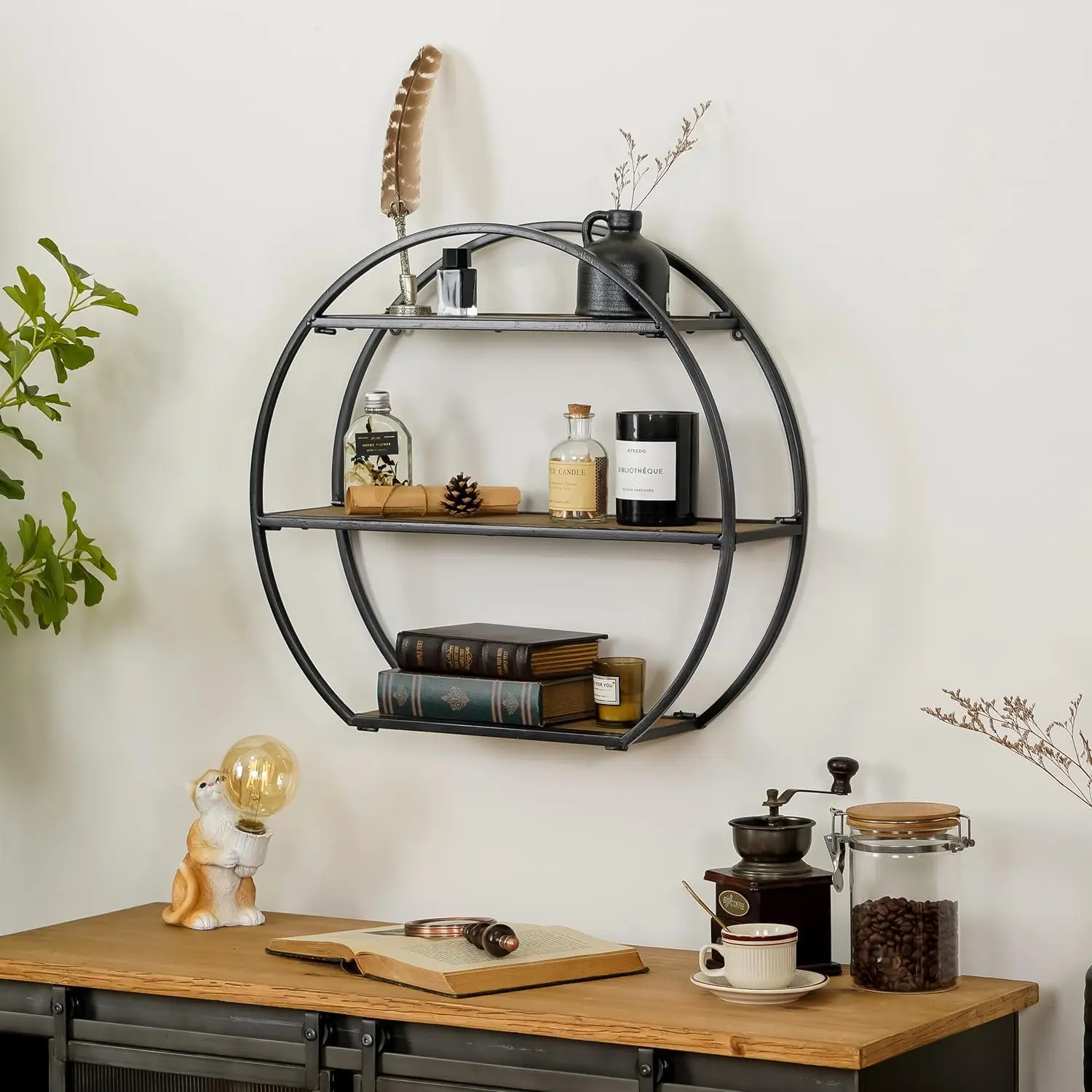 

Industrial Style Semi-Circle Shaped Wall Shelves, 3 Tier Decorative Floating Ledge Shelves, Wall Mounted Metal