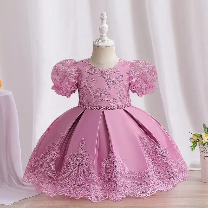 Baby Girl Birthday Princess Dress Elegant Girl Embroidery Beading Lace White Baptism Tutu Gown Kids Formal Evening Party Costume