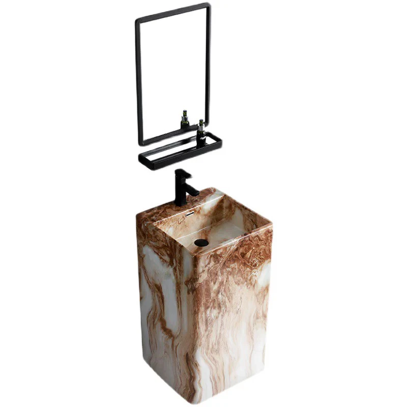 Modern Marble Pattern Freestanding Wash Basin Porcelain Bathroom One Piece Marble Style Pedestal Sink