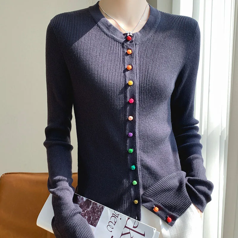 

Women's Cardigan Autumn/Winter 100% Wool Sweater Casual Solid Knitted Sweater Round Neck Bottoming Tops Basic Slim Blouse